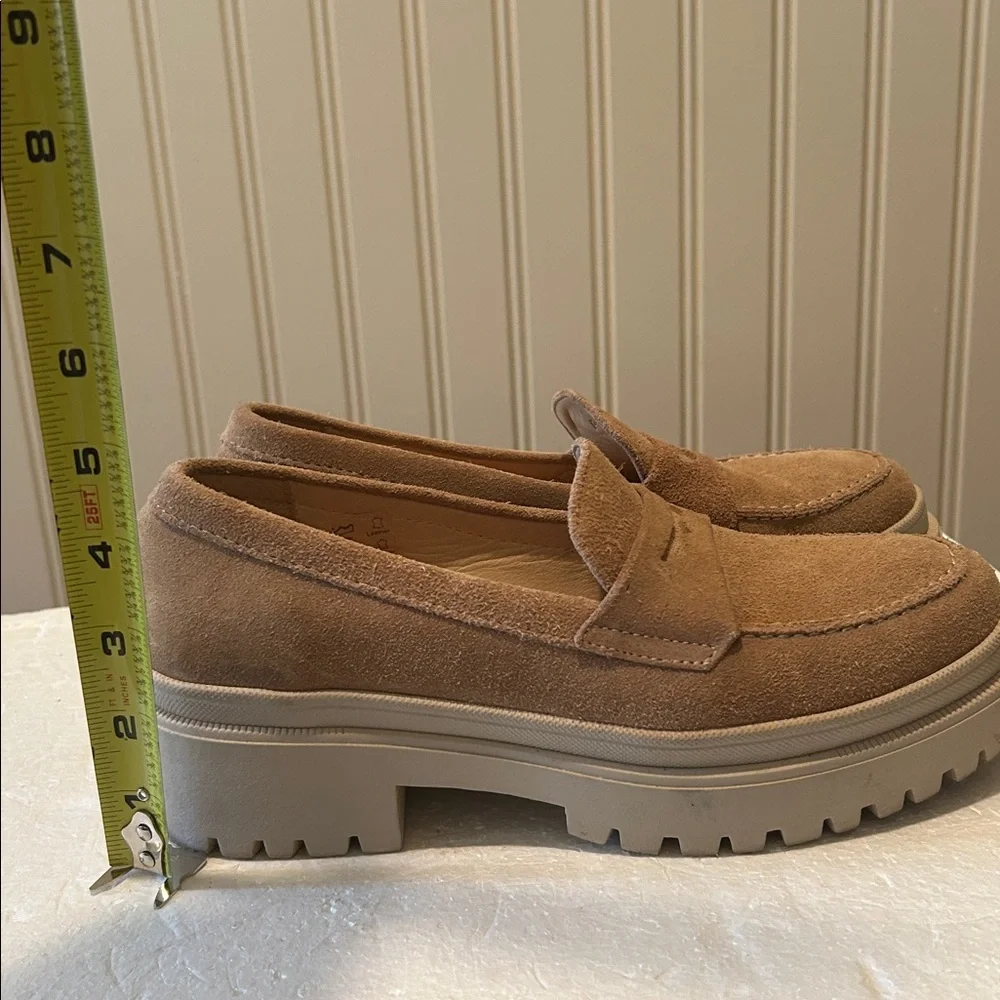 Patina chunky dental platform Tan Suede Loafers cushion leather insoles size 7